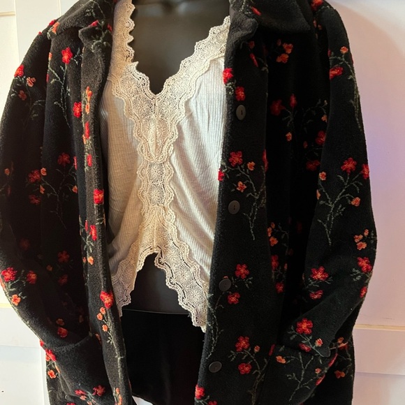 Park Lane Black Teddy Jacket with Red Floral Design Vintage sweater cozy farm - Picture 3 of 5